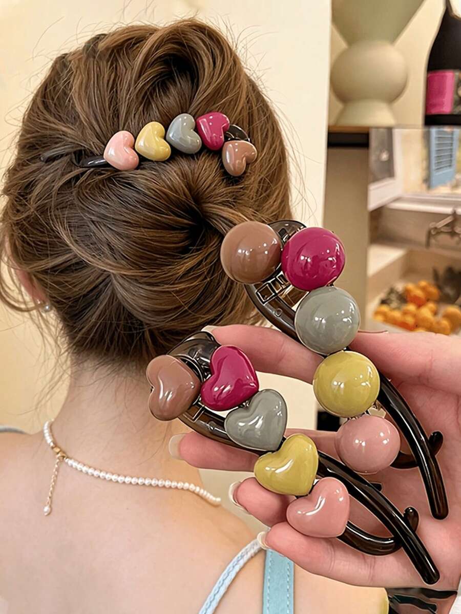 Beaded/Heart-Shaped Twisted Hair Clip - Sweet Minimalist Hair Accessory, Suitable For Women; Elegant Hair Accessory, Suitable For Updos And Smoothing Frizz,Clips For Hair - Multicolor - View 1