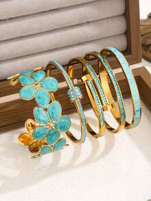5/1 pieza set pulseras personalizadas de acero inoxidable multicolor, diseño único y moderno (flor, pedrería de una hilera, romano). Diseño exquisito, regalo ideal, joyería que no se decolora. - Dorado 2 - Ver 8