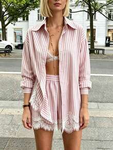 女款條紋蕾絲飾邊兩件套，休閒度假風，適合日常穿著，春夏粉色優雅 - 粉色 - 查看 4