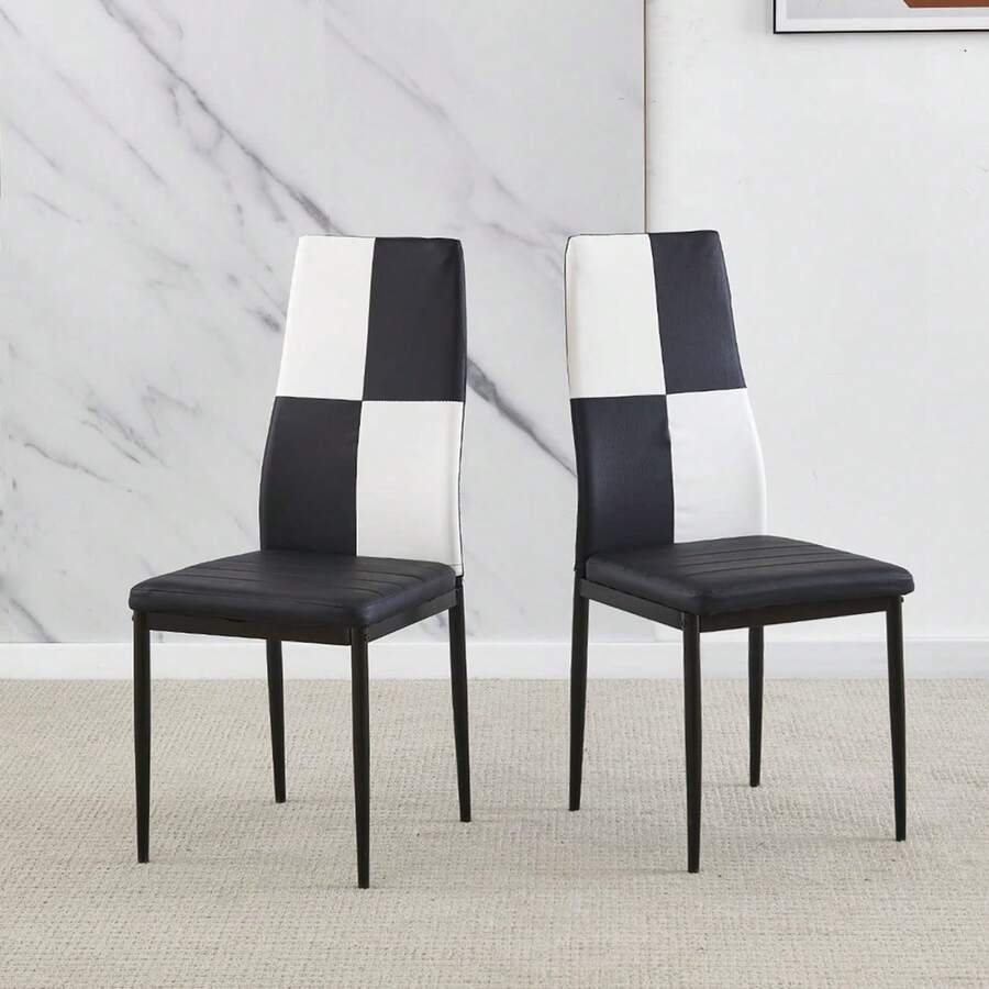 Set Of 2 Stainless Steel Leg Upholstered Dining Chairs - 黑白棋盤 - 查看 1