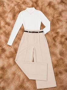 Elegant Women's Winter 2-Piece Set With High-Neck Long-Sleeve Bodysuit And Tailored Trousers + Belt - Winter Fashion - 白色褲子 米色 - 查看 2