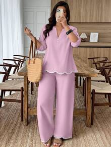 Weeklong Conjunto elegante de 2 piezas de top bordado con cuello en pico y pantalones de pierna ancha para tallas grandes - Rosa vieja - Ver 1