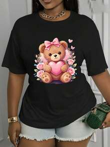 Camiseta Mujer Manga Corta Cuello Redondo Estampado Casual, Blusa Básica Corte Relajado, Top Versátil para Diario y Vacaciones de Verano, Ropa Cómoda - Negro - Ver 1