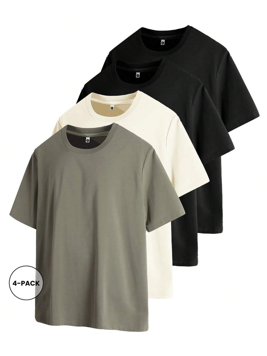4pcs/Set Plus Size Solid Color Short Sleeve T-Shirt Undershirt For Spring/Summer/Autumn - Multicolor - View 1