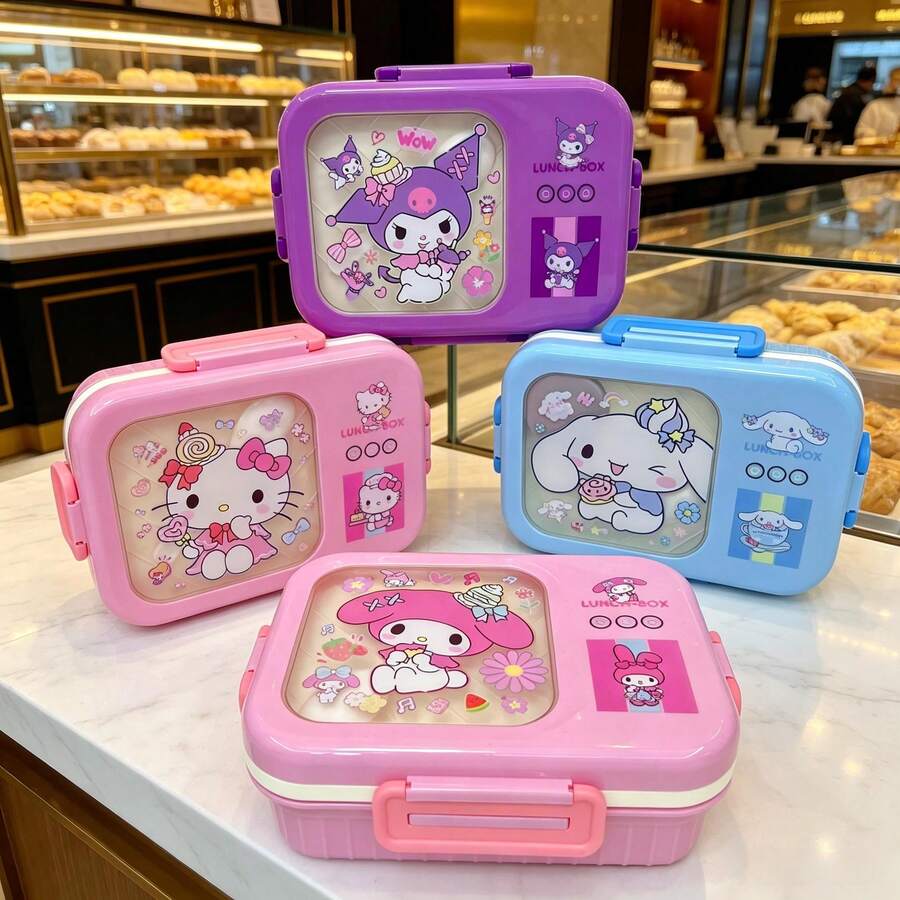 SANRIO 三麗鷗可愛分格便當盒/午餐盒，可微波，適合戶外使用，密封防漏且防交叉污染，便攜卡通風格附湯匙