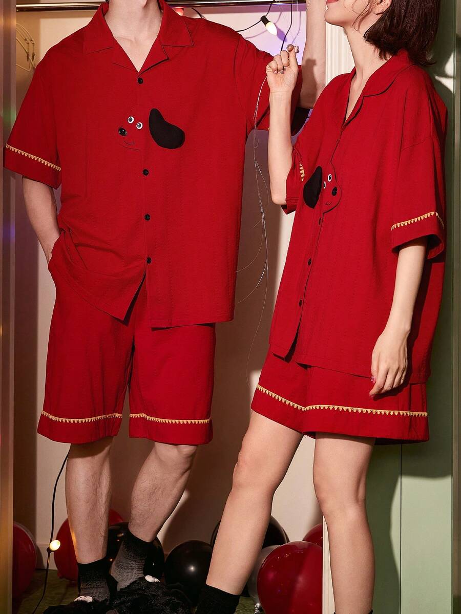 Gongdie 2 Pieces Couple Men Pajama Set,Summer Soft Cotton With Gold Zigzag Trim And Dog Print Loungewear - Red - View 1