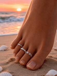 3pcs Stainless Steel Open Toe Ring Set, Fashion Geometric Beach Toe Rings, Sexy Metal Zirconia Flower Hollow Joint Rings, Open Toe Rings, Summer Beach Toe Rings, Suitable For Girls And Women To Wear - Gold - View 6
