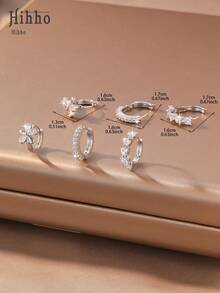 Hihho 6 Stücke/Set Zirkonia Stein Ohrringe Set, Blumen- & Herz-Designs, süßer & lebendiger Stil, beinhaltet Kleeblatt, Cut Out Pavé, minimalistischer Creolen und Kleeblatt Anhänger Stile, dichte Zirkonia Einbettung mit glänzender Oberfläche, geeignet für den täglichen Gebrauch, den Arbeitsweg und leichte gesellige Anlässe - Silber - Übersicht 8
