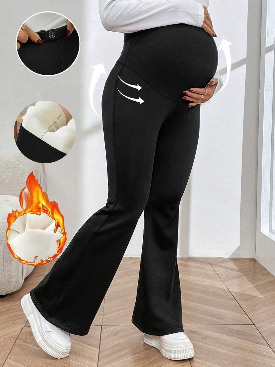 Pantalones acampanados cómodos para maternidad, mallas de embarazo de cintura alta ajustable y extra largas - Negro 2 - Ver 1