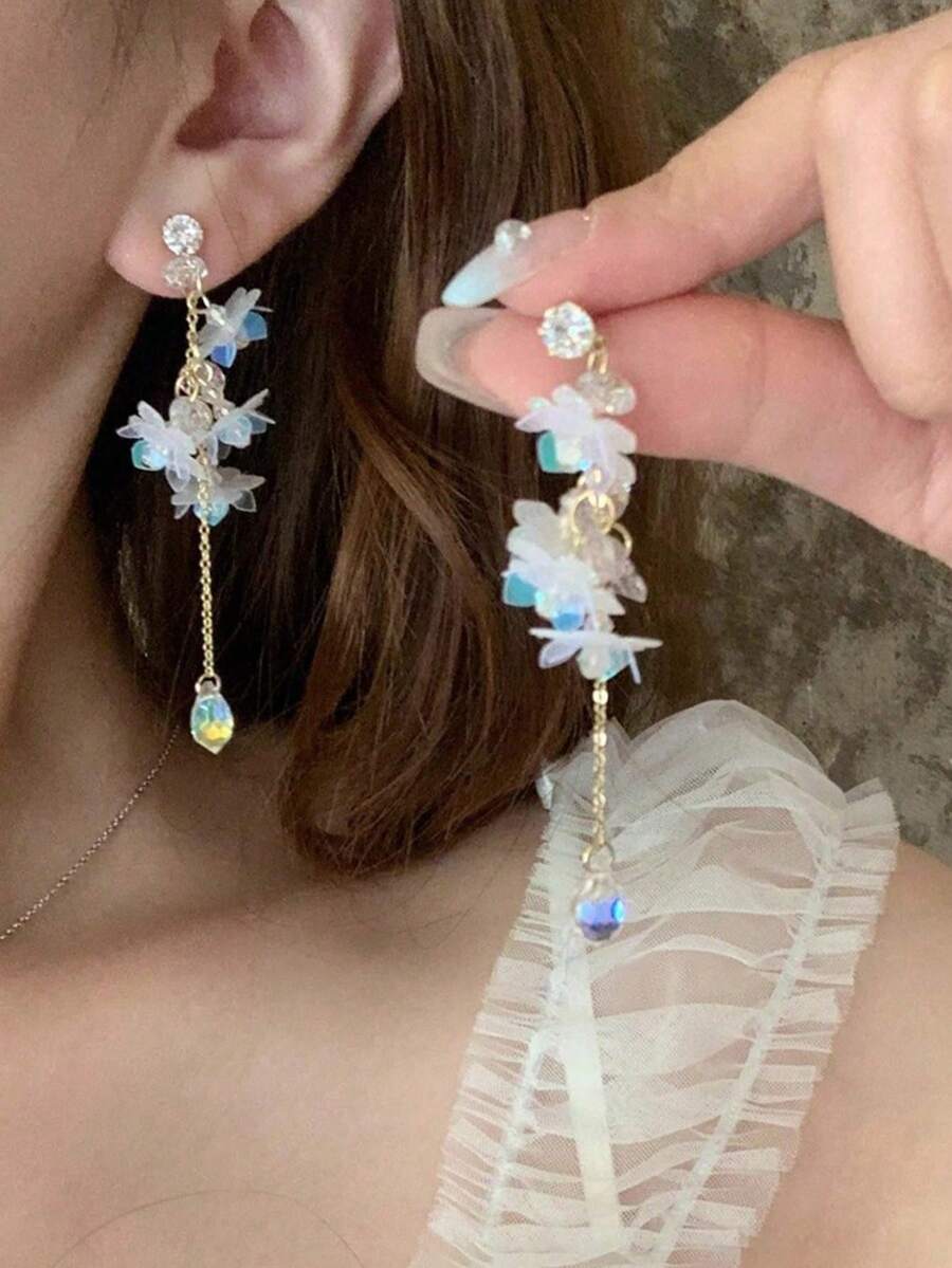 2件裝時尚優雅甜美風花朵水滴吊墜耳釘 金屬水鑽多色吊墜耳釘，適合女性日常、派對、度假穿著，日常禮物，珠寶禮物