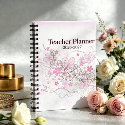 1pc Teacher Spiral Planner, 8.3x5.5 Inch, Light Pink Ribbon Cherry Blossom Hand-Drawn 2026-2027 Female Teacher Lesson Plan Notebook, Includes Important Date Record Table, Weekly Plan Page, Monthly Theme Planning Page, Monthly To-Do List And Other Functions, Suitable For Teachers, Professors And College Students, Back To School Season, Back To School, School Supplies, Teacher Supplies