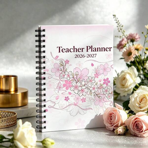 1pc Teacher Spiral Planner, 8.3x5.5 Inch, Light Pink Ribbon Cherry Blossom Hand-Drawn 2026-2027 Female Teacher Lesson Plan Notebook, Includes Important Date Record Table, Weekly Plan Page, Monthly Theme Planning Page, Monthly To-Do List And Other Functions, Suitable For Teachers, Professors And College Students, Back To School Season, Back To School, School Supplies, Teacher Supplies