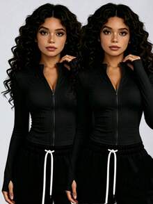 2/1 piezas Mujeres Top deportivo de manga larga con abertura para el pulgar y cremallera, chaqueta ajustada para exteriores de unicolor - 2 piezas negras - Ver 1