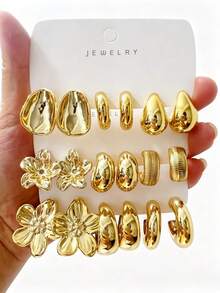 6/18PCS Women's Fashion Stud Earrings Set, Suitable For Daily Wear, Vacation, Gifts, Etc. (Lightweight CCB Material, Non-Fading/No Ear-Pulling Sensation) - Gold - View 7