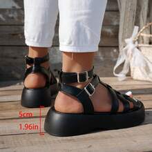 Women's Spring/Summer Rope Sole Stiletto & Chunky Heel Sandals, Buckle Oblique Heel Peep Toe Sandals, Single Hook Cross Bow Chunky Heel - Black - View 5