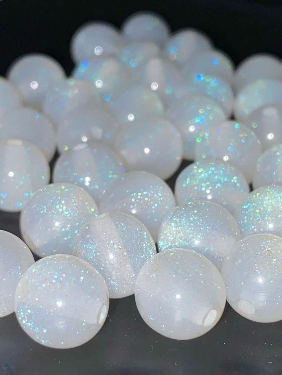 50顆/包 12mm 白色閃粉合成圓珠 - 帶彩虹光澤，適用於珠寶製作、手鍊、項鍊 - 母親節DIY手工藝、珠寶製作