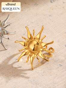 RAYQUEEN 1 pieza Anillo de declaración con forma de sol de tono dorado único para mujeres, anillo de dedo abierto ajustable con estética bohemia vintage, regalo de joyería - Amarillo Oro - Ver 4