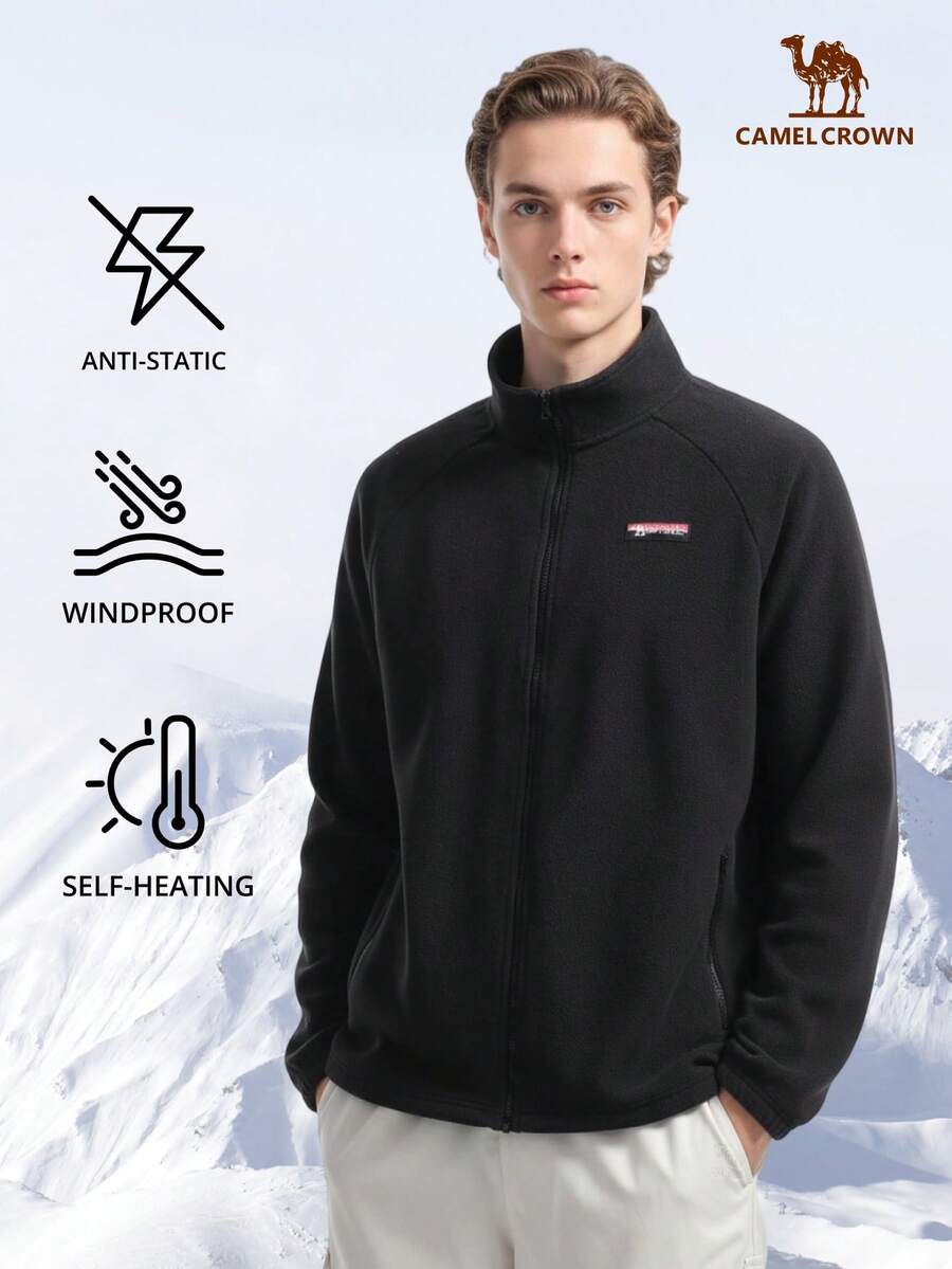 CAMEL CROWN Men's Outdoor Fleece Jacket, Autumn/Winter Outdoor Fleece Jacket, Double-Sided Fleece Lining Warm Stand Collar Windproof Outer Shell Jacket - Phantom Black - View 1