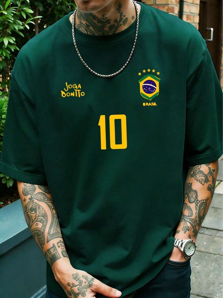 Men's Graphic T-Shirt, Retro Brazil Football Jersey - Legendary Number 10, Casual Football Fan Outfit, Soccer Jersey, 100% Polyester Breathable Knit Fabric - 綠色 - 查看 1