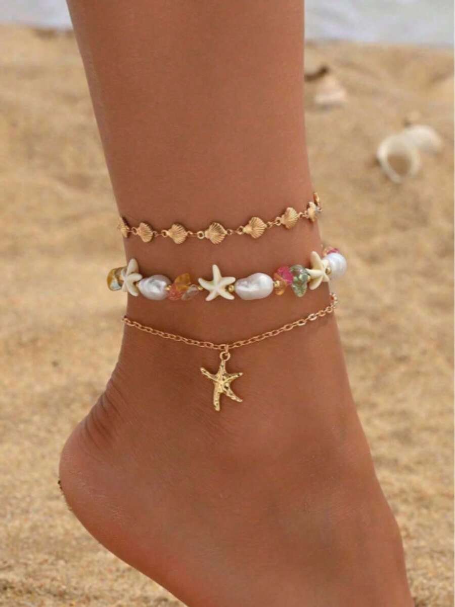 3pcs/Set Bohemian Style Gold Shell Handmade Chain, Fashion Faux Pearl Colorful Stone Starfish Pendant Anklet, Suitable For Beach, Holiday, Daily Wear, Adjustable Shell Chain Length, Random Shell Quantity And Colorful Stone Shape/Size/Color - one-size - View 1