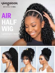 MEGALOOK Ekstensi Rambut Ekor Kuda Keriting 100% Rambut Manusia, Wig Setengah Tanpa Lem, Pemasangan Tanpa Lem, Wig Setengah dengan Tali Serut yang Dapat Diatur, Panjang 14-22 Inci, Tidak Rontok, Mudah Dipakai, Ramah untuk Pemula, Cocok untuk Wanita - SNatural - View 5