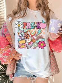 Preschool T-Shirts, Summer T-Shirts For Women, Graphic Print T-Shirts For Women, Casual Short Sleeve Crew Neck T-Shirt, 1 Fashion T-Shirt, 180g, 100% Cotton. - 白色007 - 查看 12