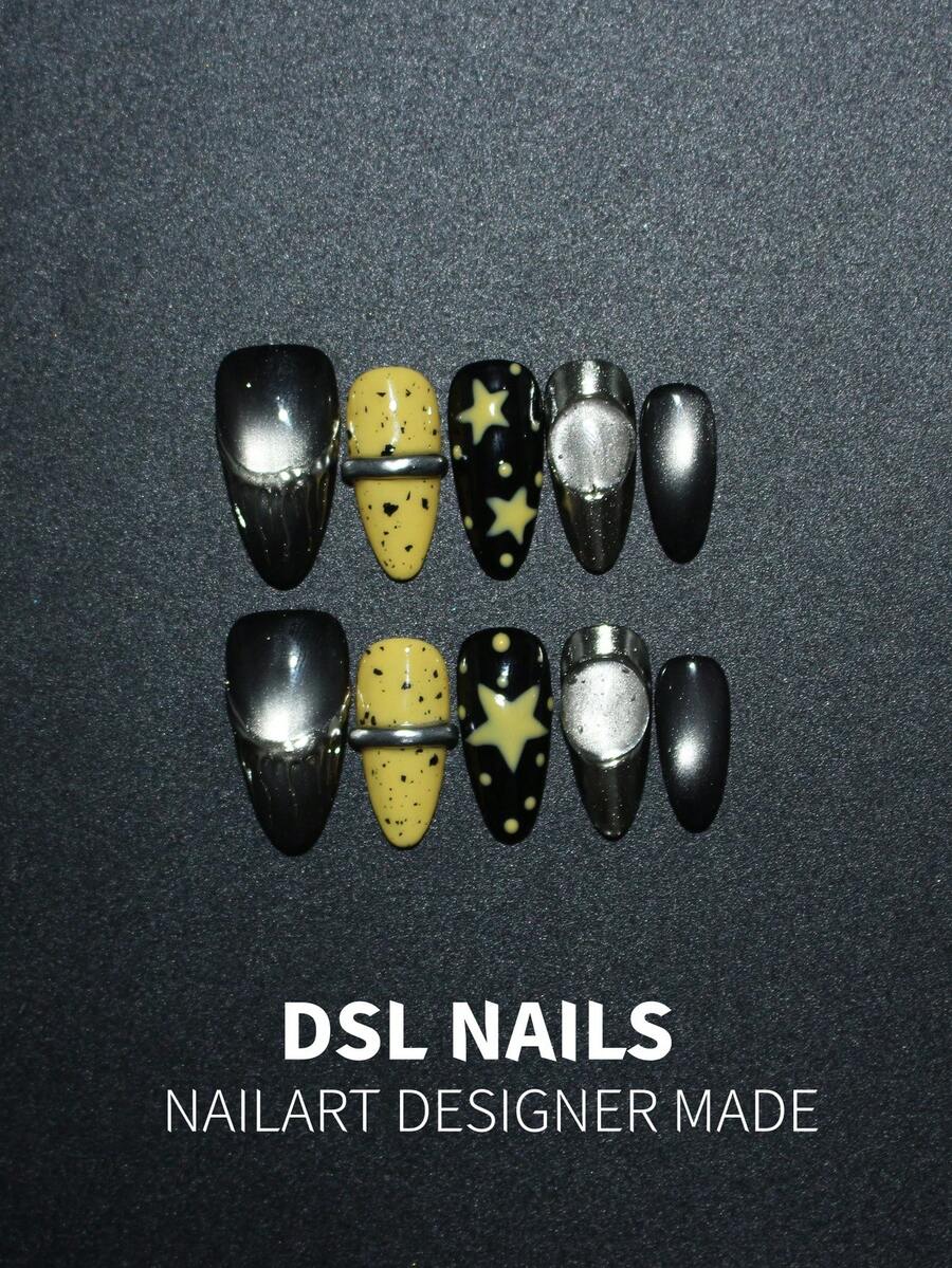 10pcs Handmade Y2K Press-On Nails, Black Silver Metallic & Yellow Spotted Base With Hand-Painted Stars & Silver Metallic Decor, Cool Street Style For Party, Wedding, Daily Wear, Includes Tool Kit, Unique Gift For Women And Girls - Multicolor - View 1