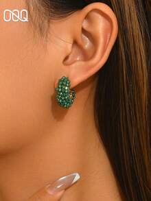 1 par de pendientes de botón estilo bohemio de vacaciones hechos a mano con cuentas de cristal falso y cuentas de semilla, pendientes geométricos en forma de C pequeños, exquisitos y de moda estilo Ins, regalo para el Día de San Valentín, Día de la Madre, temporada de bodas para novio, novia y dama de honor, regalo para amigos y amantes, adecuado para uso diario, vacaciones y fiestas de mujeres (color y posición de las cuentas hechas a mano al azar) - Verde - Ver 4