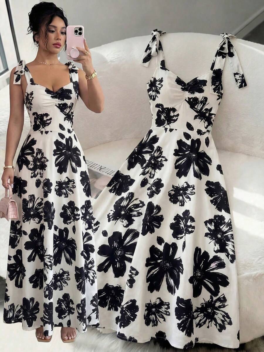 Elegant And Romantic Women's Dress With Thin Straps, Sleeveless Design, Fitted Waist With Bow And Flared Skirt, Perfect For Halloween, Music Festivals, Parties And Casual Wear In Autumn - 湖藍色 - 查看 1