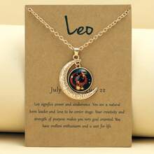 1 Retro Zodiac Moon Pendant Necklace That Glows In The Dark - Vintage Style, Zinc Alloy With Details, Adjustable Chain For Women - Ideal For Everyday Wear And Gifts - 金色獅子座 - 查看 1