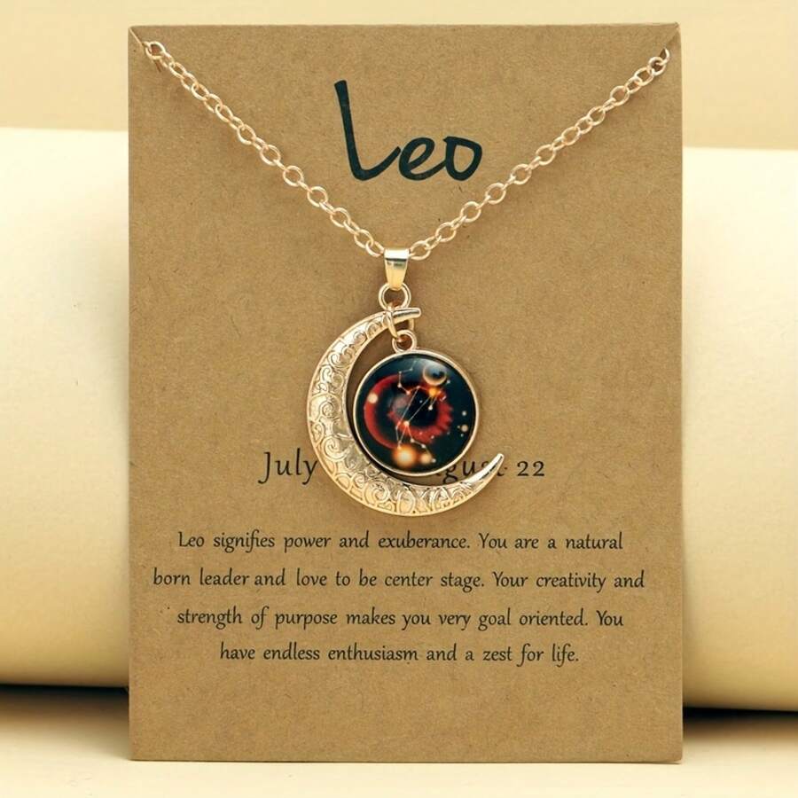 1 Retro Zodiac Moon Pendant Necklace That Glows In The Dark - Vintage Style, Zinc Alloy With Details, Adjustable Chain For Women - Ideal For Everyday Wear And Gifts - 金色獅子座 - 查看 1