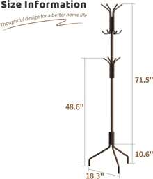 Freestanding Coat Rack, Hat Rack, Jacket Organizer, Metal, 18.3" L X 18.3" W X 71.5" H, White - Brown - View 7