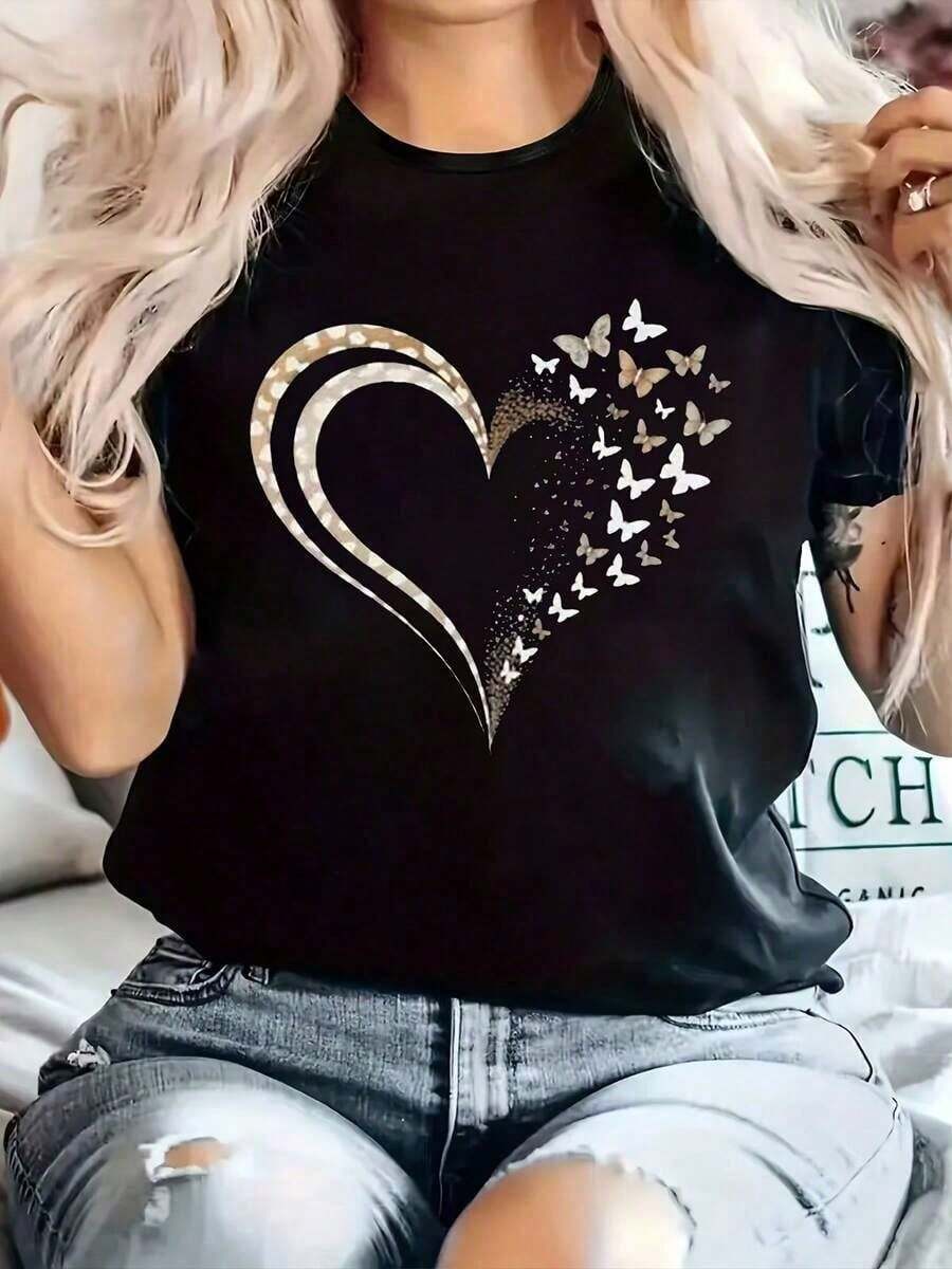 Summer Blouse In Pure Cotton, Round Neck, Short Sleeves With Heart Design, High-Quality And Fashionable Knit Fabric, Comfortable Casual Top For Daily Wear, Women's Shirts - 2 - 查看 1
