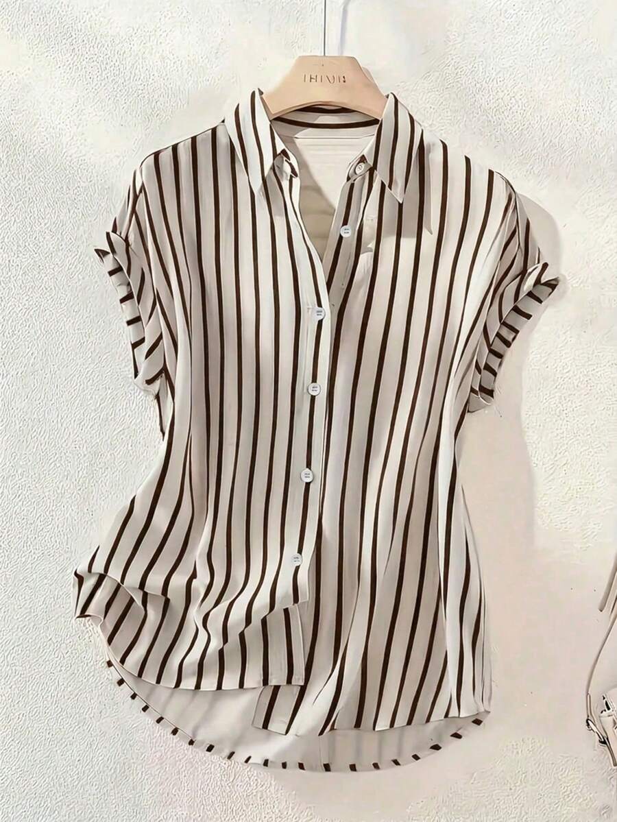 女款休閒時尚條紋聚酯纖維襯衫,鈕扣前領、短袖蝙蝠袖設計,前短後長常規長度夏季上衣 - 咖啡棕 - 查看 1