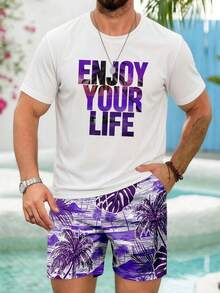 Men's Vacation Style Printed Short Sleeve Shorts Set - Multicolor - View 1