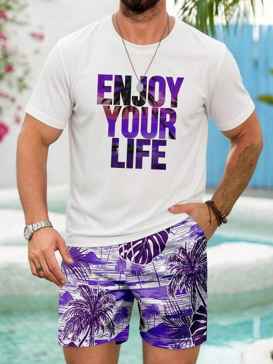 Men's Vacation Style Printed Short Sleeve Shorts Set - Multicolor - View 1