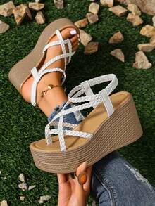 Platform Wedge Back Strap Sandals, Versatile Elevated Women Footwear - White - View 4