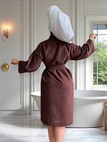 UNISEX WIDE AND LONG BATHROBE EXCELLENT ABSORPTION WITH RIBBON AND POCKETS - 咖啡棕 - 查看 3