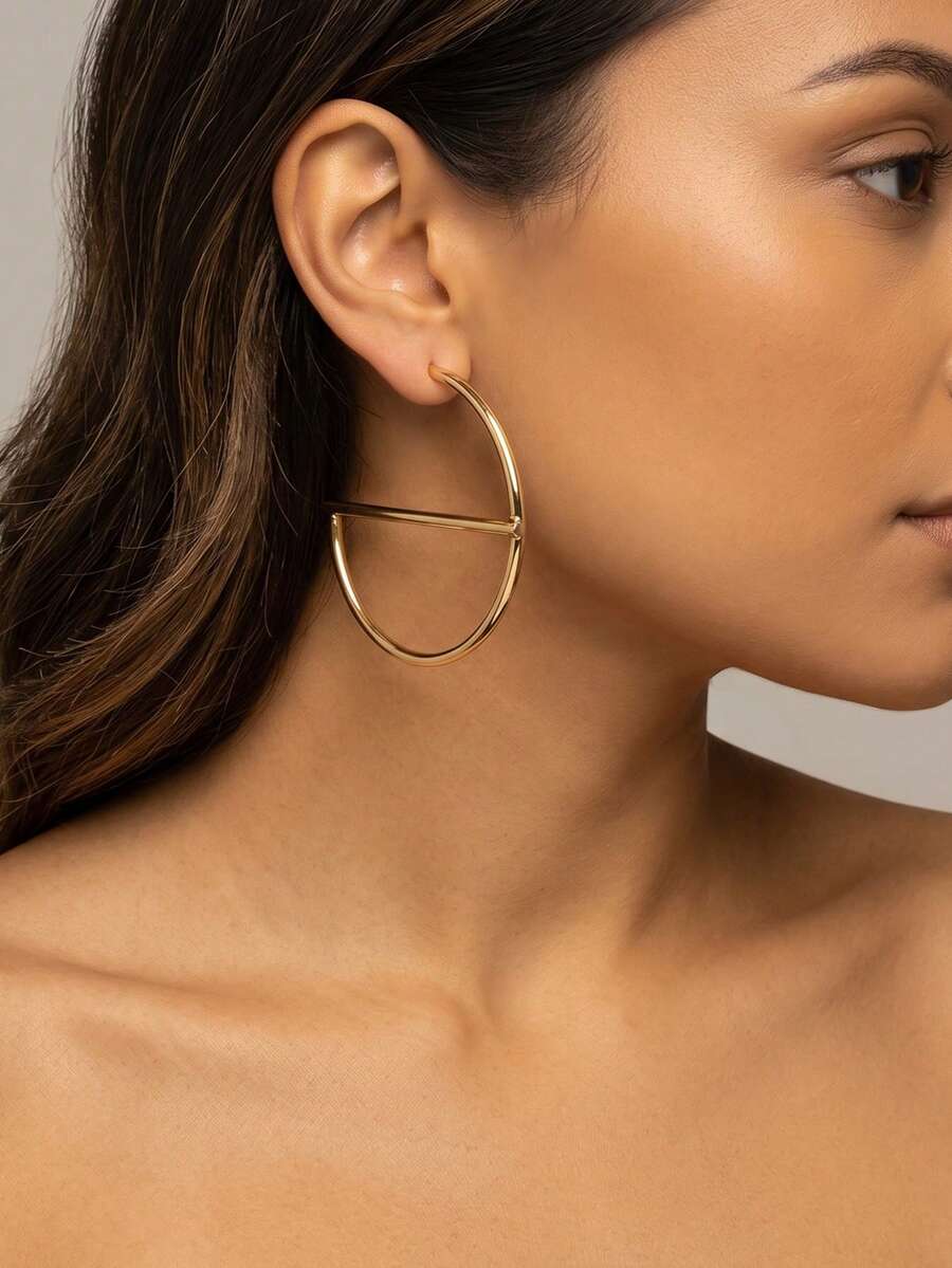 1 Pair Unique Asymmetrical Half Circle Fashionable Versatile Earrings - Yellow Gold - View 1