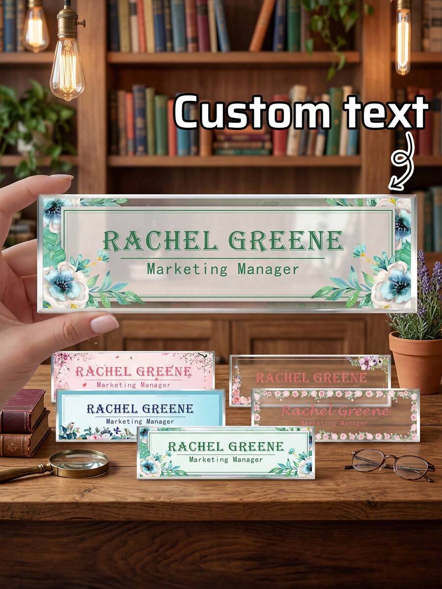 1pc Customized Floral Acrylic Desk Name Plate, Personalized Engraved Office Nameplate, Employee Name Tag, Retirement Gift, Reception Desk Nameplate, Teacher Appreciation Gift, New Hire Gift, Administrative Office Desk Decor, Promotion Appreciation Desk Nameplate - Multicolor - View 1