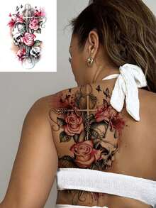 1pc Sexy Y2K Style Pink Rose Flower Print Skull Art Tattoo Temporary Tattoo, Unisex Disposable Tattoo Sticker, Suitable For Daily, Travel, Beach Body, Art Decoration, DIY Gift Sticker - Multicolor - View 3