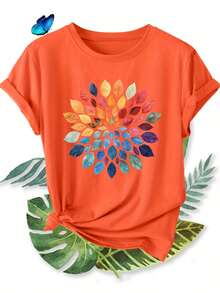 Elegant Women's Short-Sleeve T-Shirt With Colorful Leaf Mandala Print And Round Neck, Suitable For Spring, Summer, And Autumn. Fashionable And Versati - Orange - View 3