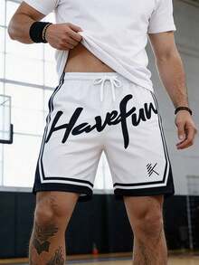 Pantalones cortos deportivos de verano para hombres, pantalones cortos de baloncesto con cordón elástico de malla de secado rápido, pantalones cortos tipo bermuda - Blanco - Ver 2