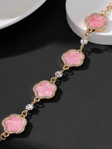 1pc Luxury Elegant Charming Glamorous Summer Vacation Style Sparkling Gentle Pink Sweet Five-Leaf Clover Women's Bracelet (No Gift Box) - Pink - View 5