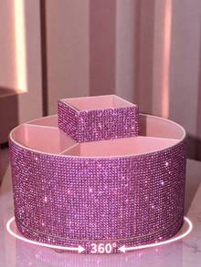 1pc Rhinestone Rotating 360° Storage Box, Large Capacity, Multicolor Rhinestone Encrusted Surface, Luxurious Sparkling Style, Hexagonal Pillar Shape, Neat Edges, Makeup Tool Container, Suitable For Bedroom Vanity, Dressing Room Desk, Etc.,Room Decor - Multicolor - View 4