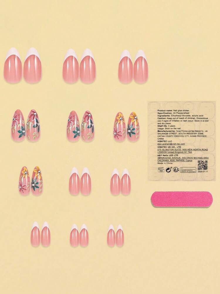Floral Applique Medium Almond Shaped White French Tip Flower Nail Art Fake Nails For Women, 24pcs - Multicolor - View 4