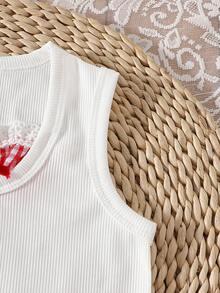 2pcs/Set Girls Sweet Bow Sleeveless Tank Top And Red Plaid Tulle Cake Skirt Summer Outfit - White - View 6
