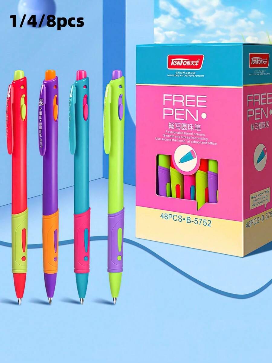 8/6/4/1pc Retractable Ballpoint Pens, 0.7mm Blue Oil-Based Ink, High Color Contrast Fashion Design, Suitable For Elementary School Students Note-Taking, Vintage Office Supplies, Multi-Function Pens - Multicolor - View 1