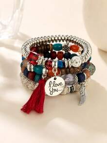 4 piezas Pulseras de niña estilo bohemio con cristal, bloques de color, hoja de turquesa, aleación y borlas multicapa - Multicolor - Ver 2