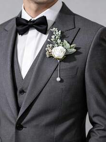1pc/2Pcs White Frosted Greenery Rose Boutonniere & Pearl Beaded Wrist Corsage Set, Wedding Groomsman Bridesmaid Formal Prom Suit Accessories - Multicolor - View 7